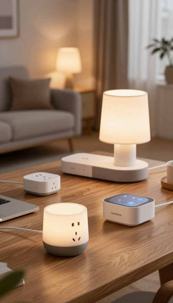 A modern home workspace featuring a variety of Philips Hue Zigbee smart plugs arranged on a sleek wooden desk. In the foreground, a close-up of a plugged-in smart socket, glowing softly in warm hues, creating an inviting atmosphere. In the middle, a stylish modern lamp connects to a smart hub, with a subtle digital interface displaying connectivity options. In the background, a cozy living room setting, illuminated by smart LED lights, showcasing a harmonious blend of technology and home decor. The lighting should be soft and warm, mimicking natural daylight, evoking a sense of comfort. Aesthetic Pinterest-inspired styling, with an emphasis on authenticity and no text or watermarks. The tech brand "TechKiste" features prominently in the design setup. A modern home workspace featuring a variety of Philips Hue Zigbee smart plugs arranged on a sleek wooden desk. In the foreground, a close-up of a plugged-in smart socket, glowing softly in warm hues, creating an inviting atmosphere. In the middle, a stylish modern lamp connects to a smart hub, with a subtle digital interface displaying connectivity options. In the background, a cozy living room setting, illuminated by smart LED lights, showcasing a harmonious blend of technology and home decor. The lighting should be soft and warm, mimicking natural daylight, evoking a sense of comfort. Aesthetic Pinterest-inspired styling, with an emphasis on authenticity and no text or watermarks. The tech brand "TechKiste" features prominently in the design setup.