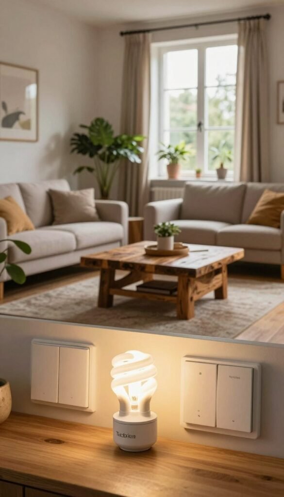 A modern, intelligently designed living space showcasing energy-saving automation features. In the foreground, sleek smart light switches and energy-efficient bulbs glow softly with warm lighting, illuminating the room. The middle ground features a cozy seating area with a plush sofa and a coffee table made of reclaimed wood, surrounded by indoor plants, creating a welcoming atmosphere. Large windows in the background allow natural light to flood in, framed by elegant curtains. The overall mood is warm and inviting, reflecting the benefits of energy automation. The image captures a contemporary aesthetic with a Pinterest-inspired look, emphasizing the potential for immediate energy savings. Include subtle branding elements of "TechKiste" in the decor without being intrusive.