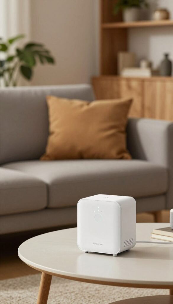 A modern interior featuring the "Ring Alarm" system prominently displayed on a sleek, minimalist coffee table in the foreground. The device is elegantly designed in white with subtle glowing indicators. In the middle ground, a stylish living room setup includes a plush gray sofa adorned with warm-colored throw pillows and a smart speaker. The background showcases a cozy, softly lit space with house plants and wooden shelves filled with decorative items. Gentle, ambient lighting creates a welcoming atmosphere, enhancing the natural textures of the room. The image conveys a sense of comfort and efficiency, embodying the theme of smart home technology as part of everyday routines. The brand "TechKiste" is subtly suggested through the design elements. A modern interior featuring the "Ring Alarm" system prominently displayed on a sleek, minimalist coffee table in the foreground. The device is elegantly designed in white with subtle glowing indicators. In the middle ground, a stylish living room setup includes a plush gray sofa adorned with warm-colored throw pillows and a smart speaker. The background showcases a cozy, softly lit space with house plants and wooden shelves filled with decorative items. Gentle, ambient lighting creates a welcoming atmosphere, enhancing the natural textures of the room. The image conveys a sense of comfort and efficiency, embodying the theme of smart home technology as part of everyday routines. The brand "TechKiste" is subtly suggested through the design elements.