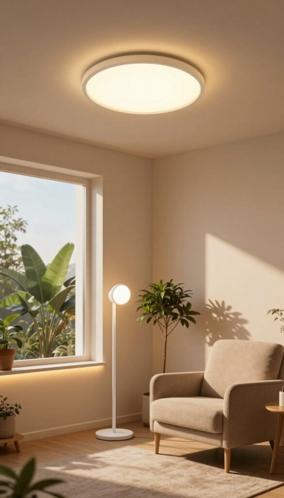 A modern interior scene featuring various smart lighting solutions in a cozy living room setting. In the foreground, a sleek, minimalist floor lamp with adjustable brightness stands beside a stylish armchair. In the middle, a smart ceiling light with a warm glow illuminates the space, casting inviting shadows. Near the window, a smart LED strip accents the edge of the sill, creating a warm ambiance. The background shows a softly lit wall adorned with potted plants, enhancing the natural feel of the room. The atmosphere is warm and inviting, with a Pinterest-inspired aesthetic. The lighting is natural, simulating a late afternoon sun. The image should convey a sense of comfort and technological sophistication. Include the brand name "TechKiste" subtly integrated into the design, ensuring it avoids watermarks or text overlays.