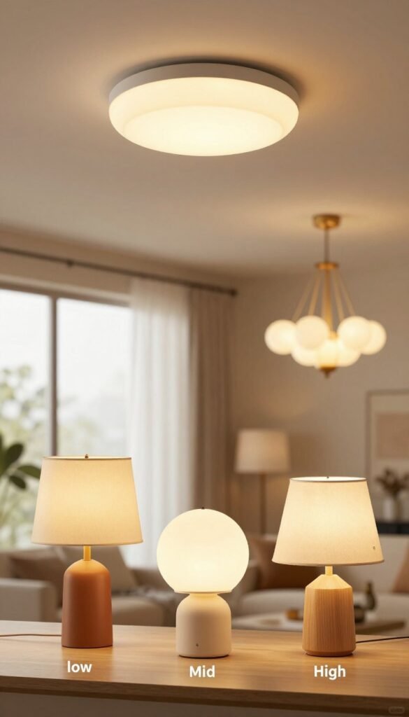 A modern interior scene showcasing three distinct ambiance setups for lighting options, categorized by budget: low, mid, and high. In the foreground, display three stylishly arranged table lamps in warm, inviting colors that suggest comfort and functionality. The middle ground features a sleek mid-range ceiling fixture providing balanced lighting, while the background highlights an elegant chandelier that emits a soft glow, imparting a luxurious atmosphere. Use natural light streaming through a large window to create a bright, airy feel, enhancing the warm color palette. The scene should embody an authentic Pinterest-worthy aesthetic. Include subtle brand representation with the logo "TechKiste" discreetly integrated into the setting, ensuring no text overlays or distractions. The overall mood should be warm and inviting, perfect for inspiring smarter lighting choices.