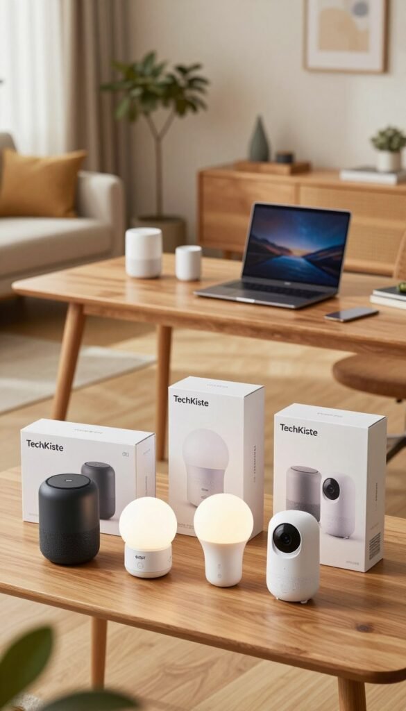 A modern, inviting home office featuring a neatly arranged selection of smart home devices from TechKiste. In the foreground, display low, mid, and high-range smart home starter kits, showcasing items like smart speakers, smart bulbs, and security cameras in elegant packaging. The middle ground includes a stylish wooden desk with a laptop open, reflecting an organized workspace. The background shows a cozy living room with warm, natural lighting and soft colors, accentuating a relaxed atmosphere. Use a wide-angle lens effect to capture the entire scene, with a gentle focus on the devices, evoking a sense of approachable technology that appeals to beginners. The overall mood should be welcoming and aspirational, perfect for newcomers to smart home solutions. A modern, inviting home office featuring a neatly arranged selection of smart home devices from TechKiste. In the foreground, display low, mid, and high-range smart home starter kits, showcasing items like smart speakers, smart bulbs, and security cameras in elegant packaging. The middle ground includes a stylish wooden desk with a laptop open, reflecting an organized workspace. The background shows a cozy living room with warm, natural lighting and soft colors, accentuating a relaxed atmosphere. Use a wide-angle lens effect to capture the entire scene, with a gentle focus on the devices, evoking a sense of approachable technology that appeals to beginners. The overall mood should be welcoming and aspirational, perfect for newcomers to smart home solutions.