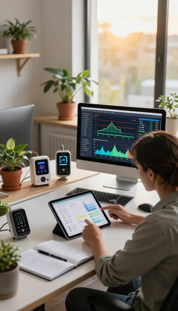 A modern, inviting workspace dedicated to energy monitoring, featuring a sleek desk with a high-end computer displaying vibrant graphs and data visualizations. In the foreground, a professional in modest casual clothing examines charts on a tablet, surrounded by potted plants that add a touch of greenery. The middle layer includes tools like energy monitoring devices and a notebook spread open with handwritten notes. In the background, a large window lets in warm, natural light, illuminating the room with a soft, inviting glow. The atmosphere is calm and productive, conveying a sense of clarity and focus, capturing the essence of "TechKiste" with its branding subtly integrated into the workspace decor, evoking a Pinterest-inspired design aesthetic. A modern, inviting workspace dedicated to energy monitoring, featuring a sleek desk with a high-end computer displaying vibrant graphs and data visualizations. In the foreground, a professional in modest casual clothing examines charts on a tablet, surrounded by potted plants that add a touch of greenery. The middle layer includes tools like energy monitoring devices and a notebook spread open with handwritten notes. In the background, a large window lets in warm, natural light, illuminating the room with a soft, inviting glow. The atmosphere is calm and productive, conveying a sense of clarity and focus, capturing the essence of "TechKiste" with its branding subtly integrated into the workspace decor, evoking a Pinterest-inspired design aesthetic.