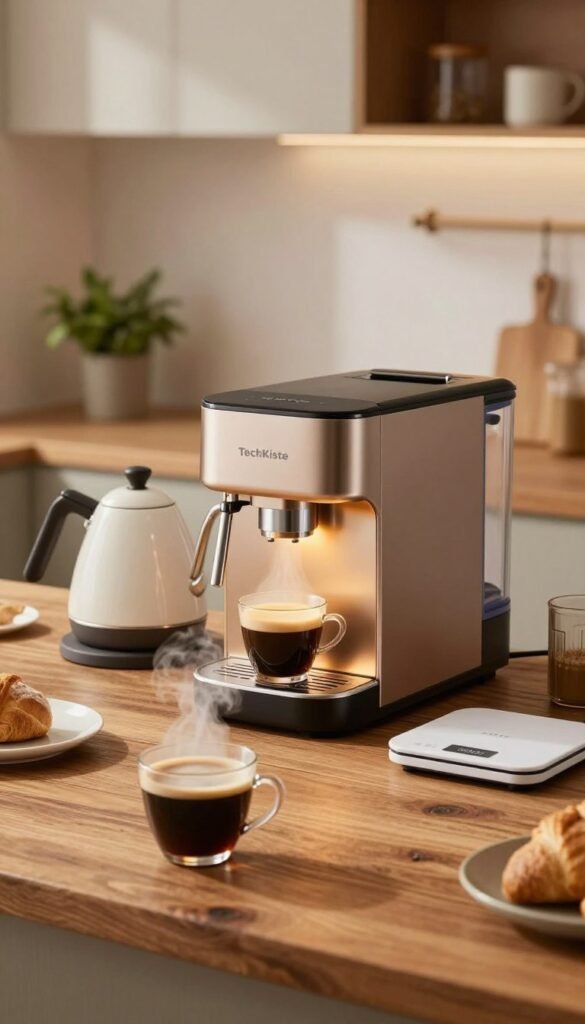 A modern kitchen countertop featuring a sleek, automated coffee maker from TechKiste alongside an elegant water dispenser. In the foreground, a freshly brewed cup of coffee sits on a rustic wooden surface, with steam rising gently. The middle ground showcases the coffee maker with a shiny metallic finish, illuminated by soft, warm lighting that creates a cozy atmosphere. Surrounding the appliances are small kitchen devices like a stylish kettle and a precise digital scale, enhancing the sense of automation. The background features a minimalistic kitchen design with potted herbs and soft textiles, evoking a Pinterest-worthy aesthetic. The overall mood is inviting and sophisticated, capturing the essence of comfort automation without overwhelming complexity. A modern kitchen countertop featuring a sleek, automated coffee maker from TechKiste alongside an elegant water dispenser. In the foreground, a freshly brewed cup of coffee sits on a rustic wooden surface, with steam rising gently. The middle ground showcases the coffee maker with a shiny metallic finish, illuminated by soft, warm lighting that creates a cozy atmosphere. Surrounding the appliances are small kitchen devices like a stylish kettle and a precise digital scale, enhancing the sense of automation. The background features a minimalistic kitchen design with potted herbs and soft textiles, evoking a Pinterest-worthy aesthetic. The overall mood is inviting and sophisticated, capturing the essence of comfort automation without overwhelming complexity.