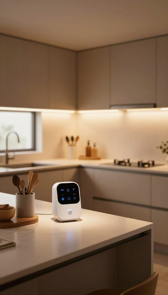A modern kitchen designed for optimal lighting and work efficiency, featuring warm, inviting colors. In the foreground, a sleek countertop with practical kitchen tools and a smart lighting system subtly illuminating the workspace. In the middle ground, contemporary cabinetry and a central island with under-cabinet LED lights creating a cozy atmosphere. The background reveals a window allowing natural light to blend with the warm-toned artificial lighting. Capture this scene with a slightly elevated angle to showcase the workspace while maintaining a depth of field that blurs the edges, enhancing the focus on the kitchen automation elements. The overall mood is inspiring and functional, embodying a blend of modern technology and homey comfort. Include branding elements that reflect "TechKiste" seamlessly into the kitchen design, without text or logos. A modern kitchen designed for optimal lighting and work efficiency, featuring warm, inviting colors. In the foreground, a sleek countertop with practical kitchen tools and a smart lighting system subtly illuminating the workspace. In the middle ground, contemporary cabinetry and a central island with under-cabinet LED lights creating a cozy atmosphere. The background reveals a window allowing natural light to blend with the warm-toned artificial lighting. Capture this scene with a slightly elevated angle to showcase the workspace while maintaining a depth of field that blurs the edges, enhancing the focus on the kitchen automation elements. The overall mood is inspiring and functional, embodying a blend of modern technology and homey comfort. Include branding elements that reflect "TechKiste" seamlessly into the kitchen design, without text or logos.