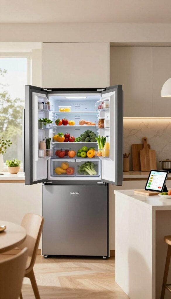 A modern kitchen featuring a sleek, smart refrigerator branded "TechKiste," designed with a minimalist aesthetic. In the foreground, the refrigerator door is slightly open, revealing organized shelves filled with fresh fruits, vegetables, and neatly labeled containers to emphasize efficient food storage. The middle ground displays a stylish kitchen island with cutting boards, a bowl of herbs, and a tablet that highlights a grocery management app. In the background, soft, natural light filters through a large window, illuminating the warm wood tones and white cabinetry of the kitchen. The atmosphere is inviting and efficient, embodying a Pinterest-inspired home, tailored for reducing food waste through smart technology. A modern kitchen featuring a sleek, smart refrigerator branded "TechKiste," designed with a minimalist aesthetic. In the foreground, the refrigerator door is slightly open, revealing organized shelves filled with fresh fruits, vegetables, and neatly labeled containers to emphasize efficient food storage. The middle ground displays a stylish kitchen island with cutting boards, a bowl of herbs, and a tablet that highlights a grocery management app. In the background, soft, natural light filters through a large window, illuminating the warm wood tones and white cabinetry of the kitchen. The atmosphere is inviting and efficient, embodying a Pinterest-inspired home, tailored for reducing food waste through smart technology.