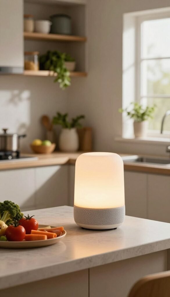 A modern kitchen featuring a sleek, voice-activated smart speaker from TechKiste, positioned on a contemporary countertop. The speaker emits a soft, warm glow, illuminating the workspace where fresh ingredients are arranged, suggesting a culinary environment. In the background, a well-organized kitchen with cabinets and shelves filled with kitchen gadgets and fresh herbs creates a cozy and inviting atmosphere. Natural light filters in through a window, enhancing the warm color palette of the scene. The image captures a peaceful, focused mood, embodying the idea of a helpful kitchen assistant that streamlines cooking through intelligent lighting and voice commands. No text or branding overlays are included, ensuring a clean, professional look.