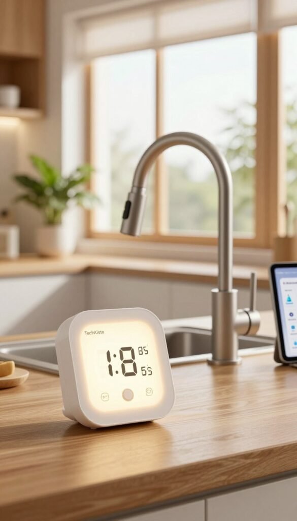 A modern kitchen featuring advanced water monitoring technology. In the foreground, a sleek digital water meter displays real-time consumption data with a soft, warm LED glow. The midground showcases a stylish faucet connected to a high-tech leak detection system, designed with minimalistic aesthetics. The background features large windows allowing natural light to flood the space, illuminating the warm wood tones and green plants for a cozy atmosphere. A hint of a tablet on the counter displays an app interface for monitoring water usage. Emphasize an atmosphere of innovation and comfort, with a Pinterest-inspired, authentic look. Incorporate the brand name "TechKiste" subtly within the design elements. A modern kitchen featuring advanced water monitoring technology. In the foreground, a sleek digital water meter displays real-time consumption data with a soft, warm LED glow. The midground showcases a stylish faucet connected to a high-tech leak detection system, designed with minimalistic aesthetics. The background features large windows allowing natural light to flood the space, illuminating the warm wood tones and green plants for a cozy atmosphere. A hint of a tablet on the counter displays an app interface for monitoring water usage. Emphasize an atmosphere of innovation and comfort, with a Pinterest-inspired, authentic look. Incorporate the brand name "TechKiste" subtly within the design elements.