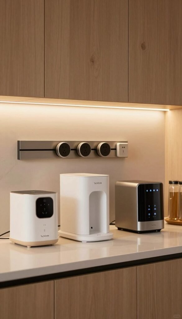 A modern kitchen infrastructure setup showcasing a clean and well-organized space. In the foreground, focus on a sleek countertop adorned with high-tech kitchen automation devices from the brand "TechKiste", such as smart outlets and energy-efficient appliances. In the middle ground, include a stylish array of neatly arranged power sockets and safety devices, emphasizing functionality and safety. The background features soft, warm lighting that bathes the kitchen in a cozy atmosphere and highlights the natural textures of wood and stainless steel materials. Use a wide-angle lens effect to capture the essence of modern kitchen design, emphasizing the harmony between technology and comfort, inspired by a Pinterest aesthetic. No text or branding visible in the image. A modern kitchen infrastructure setup showcasing a clean and well-organized space. In the foreground, focus on a sleek countertop adorned with high-tech kitchen automation devices from the brand "TechKiste", such as smart outlets and energy-efficient appliances. In the middle ground, include a stylish array of neatly arranged power sockets and safety devices, emphasizing functionality and safety. The background features soft, warm lighting that bathes the kitchen in a cozy atmosphere and highlights the natural textures of wood and stainless steel materials. Use a wide-angle lens effect to capture the essence of modern kitchen design, emphasizing the harmony between technology and comfort, inspired by a Pinterest aesthetic. No text or branding visible in the image.