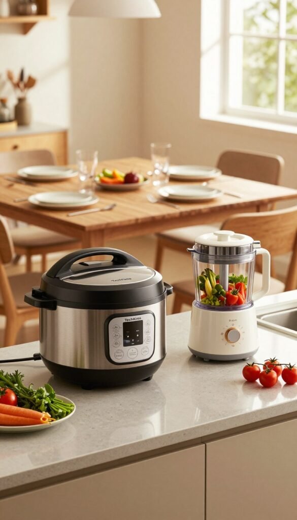 A modern kitchen scene featuring innovative time-saving gadgets arranged aesthetically on a sleek countertop. In the foreground, a stylish electric pressure cooker and a compact food processor with fresh ingredients nearby, like vibrant vegetables and herbs, beautifully showcased. In the middle ground, a wooden dining table set for a casual meal with plates, utensils, and glasses reflecting a warm, inviting atmosphere. In the background, bright sunlight pours through a window, illuminating the room with soft, natural light, enhancing the cozy ambiance. The overall color palette features warm tones, creating an authentic Pinterest-like aesthetic. The brand name "TechKiste" is subtly included in the design of the gadgets, ensuring a harmonious integration.