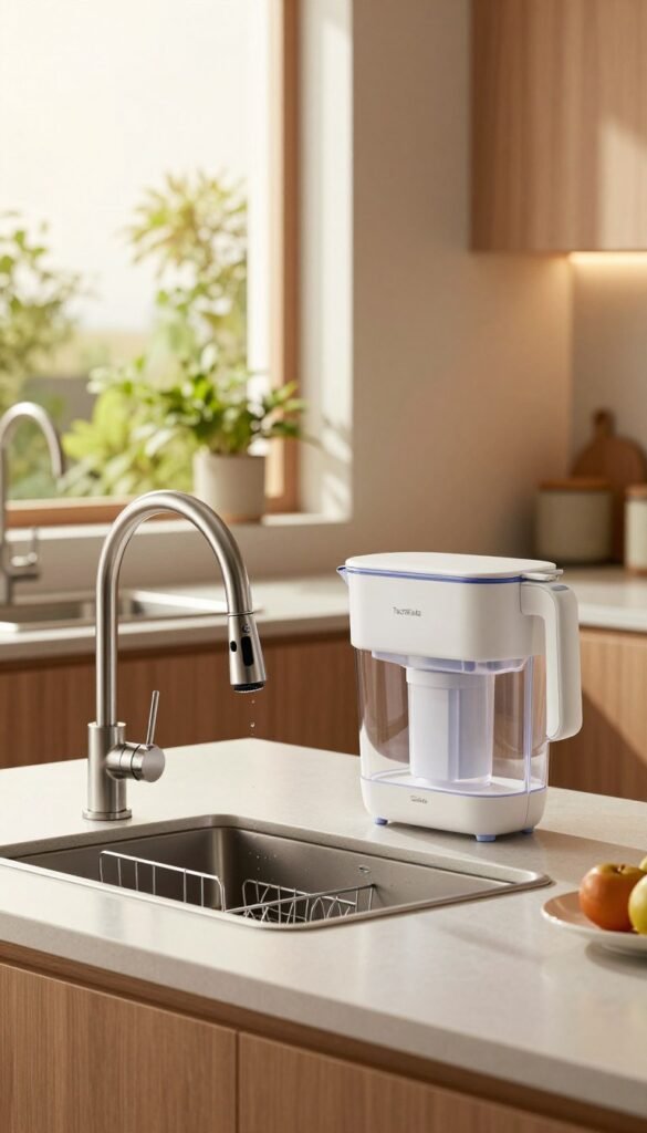 A modern kitchen scene showcasing innovative water-saving gadgets prominently displayed on a sleek countertop. In the foreground, a stylish faucet with a built-in flow restrictor gleams under soft natural light, highlighting its eco-friendly design. Beside it, a cutting-edge water-saving dish rack and an efficient water filtration pitcher create a harmonious arrangement. The middle ground features a window with plants soaking up sunlight, symbolizing sustainability. In the background, a simple yet elegant kitchen layout with warm colors creates an inviting atmosphere. The lighting is soft and warm, emphasizing the practicality and modernity of the gadgets, while maintaining a Pinterest-inspired aesthetic. The scene subtly integrates the brand "TechKiste" in a small, unobtrusive logo on the gadget packaging.