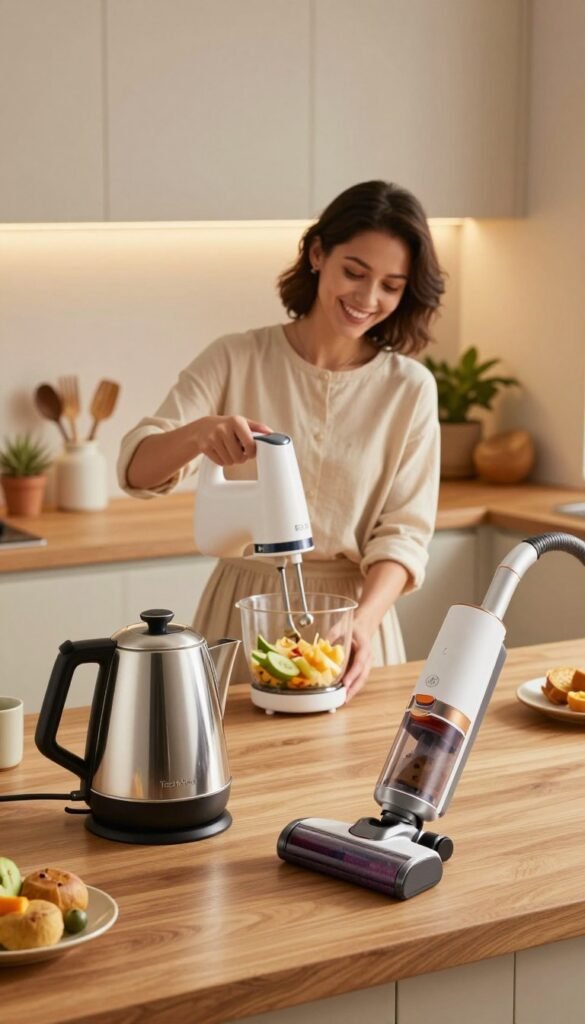 A modern kitchen scene showcasing various Akku-Gadgets in use, highlighting their functionality in everyday life. In the foreground, a sleek, stylish electric kettle and a compact cordless vacuum cleaner are prominently displayed on a wooden countertop. In the middle, a cheerful individual in casual attire is effortlessly blending ingredients with a high-tech cordless hand mixer, emphasizing comfort and convenience. The background includes a cozy dining area with warm ambient lighting, featuring potted plants and stylish utensil holders. The overall atmosphere is inviting and homey, with natural colors that evoke a sense of warmth and modernity. The image should reflect authenticity and creativity, resembling a Pinterest aesthetic, without any text or logos except for a subtle "TechKiste" branding on the gadgets. A modern kitchen scene showcasing various Akku-Gadgets in use, highlighting their functionality in everyday life. In the foreground, a sleek, stylish electric kettle and a compact cordless vacuum cleaner are prominently displayed on a wooden countertop. In the middle, a cheerful individual in casual attire is effortlessly blending ingredients with a high-tech cordless hand mixer, emphasizing comfort and convenience. The background includes a cozy dining area with warm ambient lighting, featuring potted plants and stylish utensil holders. The overall atmosphere is inviting and homey, with natural colors that evoke a sense of warmth and modernity. The image should reflect authenticity and creativity, resembling a Pinterest aesthetic, without any text or logos except for a subtle "TechKiste" branding on the gadgets.