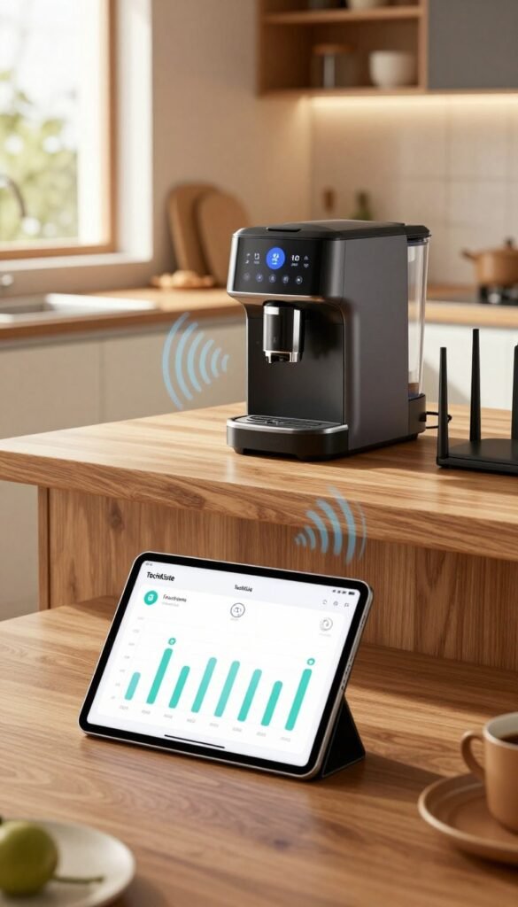 A modern kitchen with sleek appliances and automated devices showcasing excellent network signal quality. In the foreground, a stylish tablet displays real-time signal strength bars and connectivity icons. The middle ground features a beautiful wooden kitchen island with a smart coffee maker and a Wi-Fi router emitting visible signal waves. The background shows warm, natural light filtering through a window, illuminating the kitchen's inviting ambiance. Use a soft focus effect on the edges to draw attention to the technology in the center. This image reflects a harmonious blend of technology and home, evoking a sense of reliability and comfort. The branding "TechKiste" subtly integrated into the design enhances the tech-savvy aspect without being intrusive. A modern kitchen with sleek appliances and automated devices showcasing excellent network signal quality. In the foreground, a stylish tablet displays real-time signal strength bars and connectivity icons. The middle ground features a beautiful wooden kitchen island with a smart coffee maker and a Wi-Fi router emitting visible signal waves. The background shows warm, natural light filtering through a window, illuminating the kitchen's inviting ambiance. Use a soft focus effect on the edges to draw attention to the technology in the center. This image reflects a harmonious blend of technology and home, evoking a sense of reliability and comfort. The branding "TechKiste" subtly integrated into the design enhances the tech-savvy aspect without being intrusive.