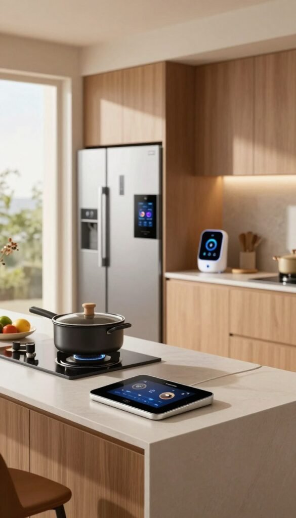 A modern kitchen workspace showcasing advanced kitchen automation for 2025, featuring sleek appliances and smart technology seamlessly integrated. In the foreground, a stylish kitchen island with a built-in touch-control panel and an automated cooking pot. In the middle, automated kitchen systems such as a smart fridge and a voice-controlled assistant on the countertop. The background shows bright, natural lighting coming from large windows, gently illuminating warm wood accents and polished surfaces. The overall atmosphere is inviting and innovative, embodying a Pinterest-inspired aesthetic with a cozy ambiance. Include the brand name "TechKiste" subtly integrated into the design, without any text overlays or watermarks. A modern kitchen workspace showcasing advanced kitchen automation for 2025, featuring sleek appliances and smart technology seamlessly integrated. In the foreground, a stylish kitchen island with a built-in touch-control panel and an automated cooking pot. In the middle, automated kitchen systems such as a smart fridge and a voice-controlled assistant on the countertop. The background shows bright, natural lighting coming from large windows, gently illuminating warm wood accents and polished surfaces. The overall atmosphere is inviting and innovative, embodying a Pinterest-inspired aesthetic with a cozy ambiance. Include the brand name "TechKiste" subtly integrated into the design, without any text overlays or watermarks.