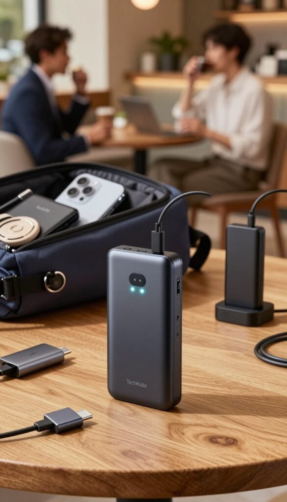 A modern lifestyle shot featuring a sleek TechKiste powerbank in the foreground, with its bright LED indicators glowing softly. The powerbank is set on a wooden table surrounded by various charging cables, including a USB-C hub and a compact charging station that appear ready for use. In the middle ground, a partially open backpack reveals gadgets and accessories, suggesting an on-the-go setting. In the background, the soft glow of a warm, inviting café interior with blurred figures casually engaging, dressed in professional business attire, creates a relaxed yet productive atmosphere. The scene is bathed in natural light, evoking a comfortable and stress-free mood, perfect for illustrating efficient charging solutions. A modern lifestyle shot featuring a sleek TechKiste powerbank in the foreground, with its bright LED indicators glowing softly. The powerbank is set on a wooden table surrounded by various charging cables, including a USB-C hub and a compact charging station that appear ready for use. In the middle ground, a partially open backpack reveals gadgets and accessories, suggesting an on-the-go setting. In the background, the soft glow of a warm, inviting café interior with blurred figures casually engaging, dressed in professional business attire, creates a relaxed yet productive atmosphere. The scene is bathed in natural light, evoking a comfortable and stress-free mood, perfect for illustrating efficient charging solutions.