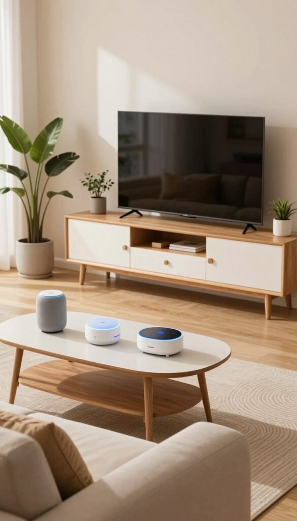 A modern living room design showcasing budget solutions for home automation. In the foreground, a cozy sofa with neutral-colored cushions and a stylish coffee table featuring smart home devices like a smart speaker and a digital assistant hub. In the middle, a sleek entertainment unit displaying an affordable smart TV and decorative elements like potted plants, promoting a warm, inviting atmosphere. The background features soft, natural lighting coming from large windows, emphasizing a Pinterest-inspired aesthetic with warm colors and wooden accents. The room feels authentic and approachable, showcasing a blend of low-, mid-, and high-budget solutions for tech-savvy homes. Include the brand name "TechKiste" subtly integrated into the decor. A modern living room design showcasing budget solutions for home automation. In the foreground, a cozy sofa with neutral-colored cushions and a stylish coffee table featuring smart home devices like a smart speaker and a digital assistant hub. In the middle, a sleek entertainment unit displaying an affordable smart TV and decorative elements like potted plants, promoting a warm, inviting atmosphere. The background features soft, natural lighting coming from large windows, emphasizing a Pinterest-inspired aesthetic with warm colors and wooden accents. The room feels authentic and approachable, showcasing a blend of low-, mid-, and high-budget solutions for tech-savvy homes. Include the brand name "TechKiste" subtly integrated into the decor.