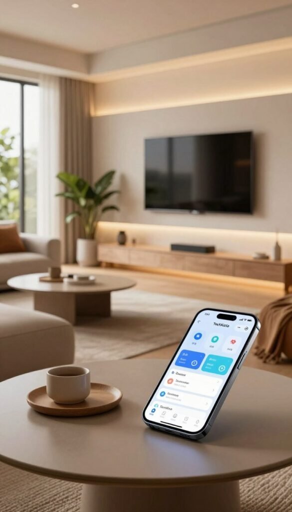 A modern living room designed for automation, featuring sleek, smart furniture and gadgets that enhance everyday living. In the foreground, a stylish coffee table with cozy decor, a smartphone on top, showcasing a smart home app interface. The middle section includes a spacious sectional sofa with plush cushions, a large smart TV mounted on the wall, and subtle LED lighting highlighting the room's ambiance. The background displays large windows letting in warm, natural light, illuminating houseplants that add a touch of nature. The overall mood is warm and inviting, with a Pinterest-inspired aesthetic that emphasizes comfort and sophistication. Incorporate elements identifiable with the brand TechKiste, showcasing a tech-savvy but homely atmosphere. A modern living room designed for automation, featuring sleek, smart furniture and gadgets that enhance everyday living. In the foreground, a stylish coffee table with cozy decor, a smartphone on top, showcasing a smart home app interface. The middle section includes a spacious sectional sofa with plush cushions, a large smart TV mounted on the wall, and subtle LED lighting highlighting the room's ambiance. The background displays large windows letting in warm, natural light, illuminating houseplants that add a touch of nature. The overall mood is warm and inviting, with a Pinterest-inspired aesthetic that emphasizes comfort and sophistication. Incorporate elements identifiable with the brand TechKiste, showcasing a tech-savvy but homely atmosphere.