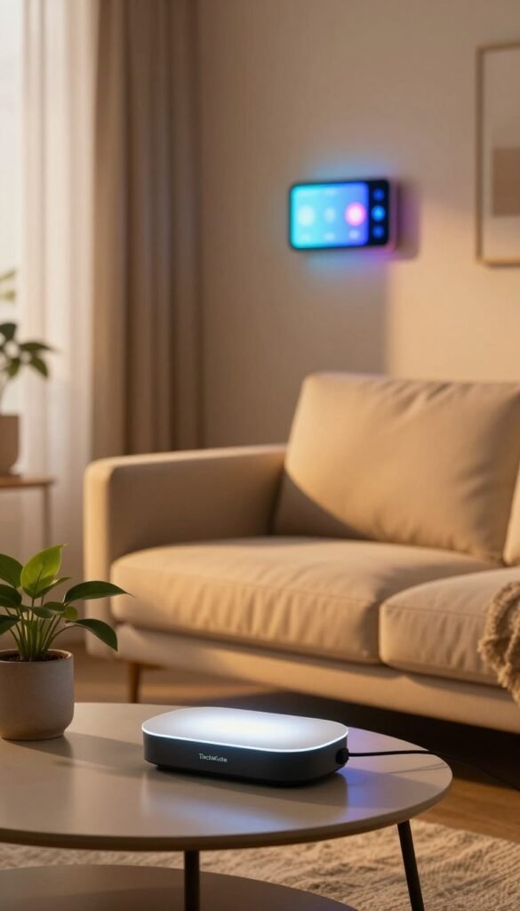 A modern living room featuring a Philips Hue lighting system prominently displayed. In the foreground, a sleek, compact Philips Hue bridge sits on a stylish coffee table next to a potted plant. The midsection showcases a cozy sofa bathed in warm, ambient lighting, casting a soft glow across the room. The background features a feature wall with smart lights seamlessly integrated, highlighting the vibrant color options and automation features. The atmosphere is inviting and contemporary, with natural light spilling in from a window dressed with sheer curtains. Use a soft focus lens to create a warm, Pinterest-inspired aesthetic, emphasizing the harmony between technology and home decor. No text or logos visible, and include the brand name "TechKiste" subtly in the design elements. A modern living room featuring a Philips Hue lighting system prominently displayed. In the foreground, a sleek, compact Philips Hue bridge sits on a stylish coffee table next to a potted plant. The midsection showcases a cozy sofa bathed in warm, ambient lighting, casting a soft glow across the room. The background features a feature wall with smart lights seamlessly integrated, highlighting the vibrant color options and automation features. The atmosphere is inviting and contemporary, with natural light spilling in from a window dressed with sheer curtains. Use a soft focus lens to create a warm, Pinterest-inspired aesthetic, emphasizing the harmony between technology and home decor. No text or logos visible, and include the brand name "TechKiste" subtly in the design elements.