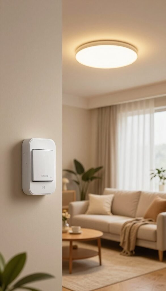 A modern living room featuring a sleek motion sensor light switch from the brand "TechKiste" in a well-lit, cozy space. In the foreground, a stylish motion sensor device is mounted on the wall, showcasing its elegant design. In the middle ground, a warm-toned ceiling light, activated by the sensor, casts soft, inviting illumination across the room, highlighting a comfortable sofa and decorative plants. In the background, light filters through large windows draped with sheer curtains, creating an airy atmosphere. The composition is captured with a slightly elevated angle, enhancing the inviting, functional feel of the space. The overall mood is warm and contemporary, reflecting the practicality and aesthetic appeal of automated lighting in everyday life. A modern living room featuring a sleek motion sensor light switch from the brand "TechKiste" in a well-lit, cozy space. In the foreground, a stylish motion sensor device is mounted on the wall, showcasing its elegant design. In the middle ground, a warm-toned ceiling light, activated by the sensor, casts soft, inviting illumination across the room, highlighting a comfortable sofa and decorative plants. In the background, light filters through large windows draped with sheer curtains, creating an airy atmosphere. The composition is captured with a slightly elevated angle, enhancing the inviting, functional feel of the space. The overall mood is warm and contemporary, reflecting the practicality and aesthetic appeal of automated lighting in everyday life.
