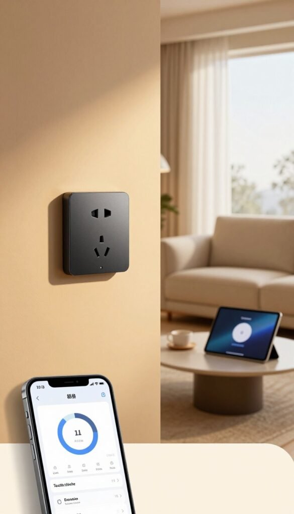 A modern living room featuring a sleek, stylish smart power outlet with a smartphone app interface displayed on-screen. The outlet is elegantly installed in a wall socket, with a warm, inviting ambiance created by soft, yellow lighting. In the foreground, a close-up view of the app showcases energy consumption metrics, illustrating how users can track their power usage. The middle ground features a comfortable couch and a coffee table with a tablet showing the TechKiste logo subtly integrated. In the background, natural light streams through the window, illuminating the room's minimalist design. The overall atmosphere is cozy and technological, emphasizing sustainability and modern living without any text or overlays.