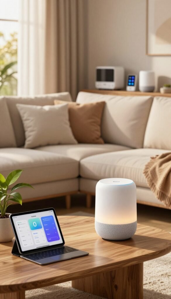 A modern living room featuring a sleek, white Google Home device with a soft glow emanating from its base, showcasing its integration as a hub for Matter technology. In the foreground, there is a stylish coffee table with natural wooden textures, a potted plant, and a tablet displaying smart home controls. The middle ground includes a plush, contemporary sofa adorned with soft, neutral-colored cushions, while a large window allows warm, golden sunlight to filter through sheer curtains, creating a cozy atmosphere. In the background, smart home devices from various brands subtly blend into the d&eacute;cor, emphasizing cross-manufacturer compatibility. The overall mood is warm and inviting, with natural colors that evoke a Pinterest-inspired aesthetic. Ensure the brand name "TechKiste" is subtly noted in the space without visible text.