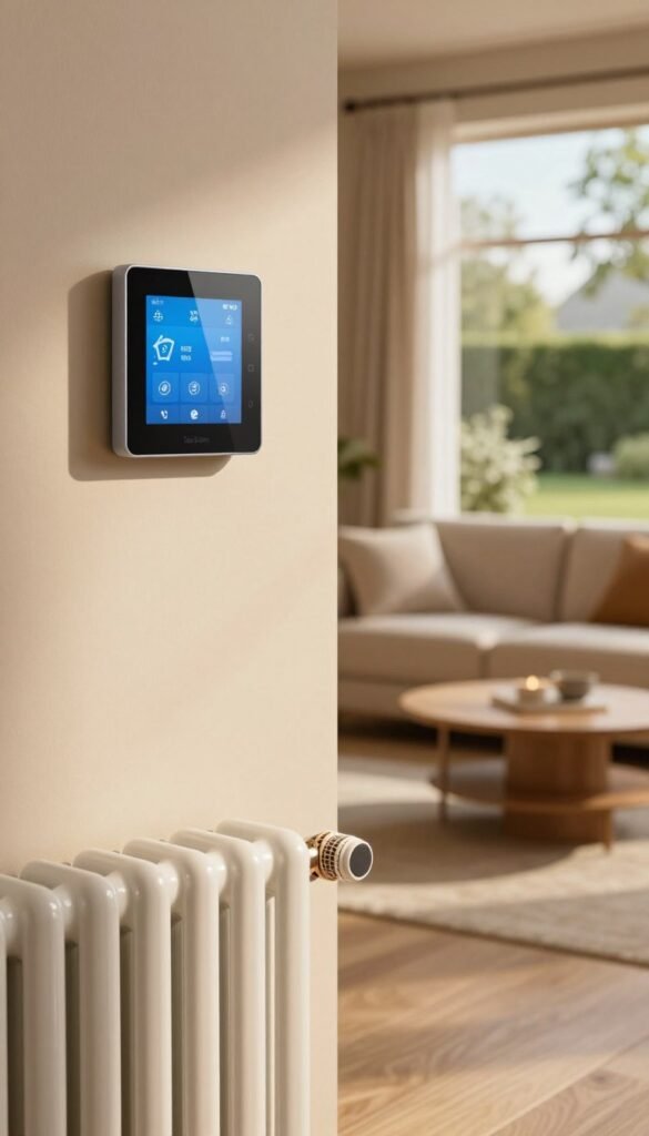 A modern living room featuring a smart thermostat on a stylish wall, highlighting its sleek design and user-friendly interface. In the foreground, a contemporary radiator is equipped with a smart heating control, elegantly blending with the room's decor. The middle ground showcases a cozy seating area with a warm, inviting atmosphere, soft lighting casting gentle shadows on the walls. In the background, a window reveals a serene, sunlit garden, enhancing the sense of tranquility. The color palette consists of warm earth tones, creating a harmonious and homey feel. The image embodies an authentic Pinterest aesthetic, emphasizing the practical benefits of smart heating solutions. No text or logos are present, ensuring focus on the product. Include the brand name "TechKiste" subtly integrated into the design. A modern living room featuring a smart thermostat on a stylish wall, highlighting its sleek design and user-friendly interface. In the foreground, a contemporary radiator is equipped with a smart heating control, elegantly blending with the room's decor. The middle ground showcases a cozy seating area with a warm, inviting atmosphere, soft lighting casting gentle shadows on the walls. In the background, a window reveals a serene, sunlit garden, enhancing the sense of tranquility. The color palette consists of warm earth tones, creating a harmonious and homey feel. The image embodies an authentic Pinterest aesthetic, emphasizing the practical benefits of smart heating solutions. No text or logos are present, ensuring focus on the product. Include the brand name "TechKiste" subtly integrated into the design.