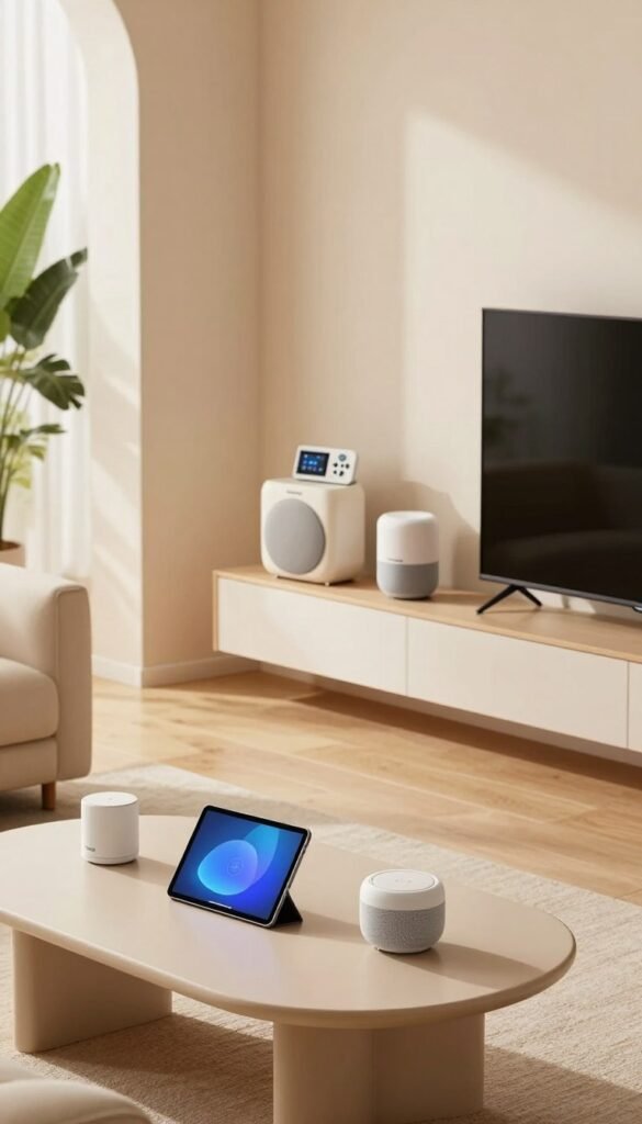 A modern living room featuring a well-organized Smart Home setup, showcasing various product types such as smart speakers, lighting controls, a smart thermostat, and a sleek smart TV, all elegantly displayed on minimalist furniture. The foreground includes a stylish coffee table adorned with a tablet controlling the devices, while the middle ground reveals the innovative tech products arranged neatly on shelves. In the background, large windows let in warm natural light, enhancing the inviting atmosphere. The color palette consists of soft, warm tones with greenery from plants, giving a Pinterest-inspired aesthetic. Capture the scene from a slightly elevated angle to emphasize the harmony of technology and comfort in home design, without any text or logos, except for a subtle branding of "TechKiste" on one of the tech devices.