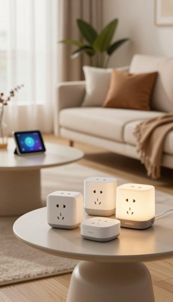 A modern living room featuring sleek Hue smart plugs from TechKiste prominently displayed on a stylish, minimalist side table. In the foreground, the smart plugs are neatly arranged with warm ambient lighting accentuating their elegant design. The middle ground shows a cozy sofa with soft cushions, a decorative plant nearby, and a small coffee table topped with a smart home tablet, all set against a backdrop of a bright, sunlit window with sheer curtains gently swaying. The atmosphere exudes a blend of technology and comfort, ideal for a smart home environment. The image captures warm, inviting colors with a Pinterest-inspired aesthetic, emphasizing authenticity without any text or logos in the scene. A modern living room featuring sleek Hue smart plugs from TechKiste prominently displayed on a stylish, minimalist side table. In the foreground, the smart plugs are neatly arranged with warm ambient lighting accentuating their elegant design. The middle ground shows a cozy sofa with soft cushions, a decorative plant nearby, and a small coffee table topped with a smart home tablet, all set against a backdrop of a bright, sunlit window with sheer curtains gently swaying. The atmosphere exudes a blend of technology and comfort, ideal for a smart home environment. The image captures warm, inviting colors with a Pinterest-inspired aesthetic, emphasizing authenticity without any text or logos in the scene.