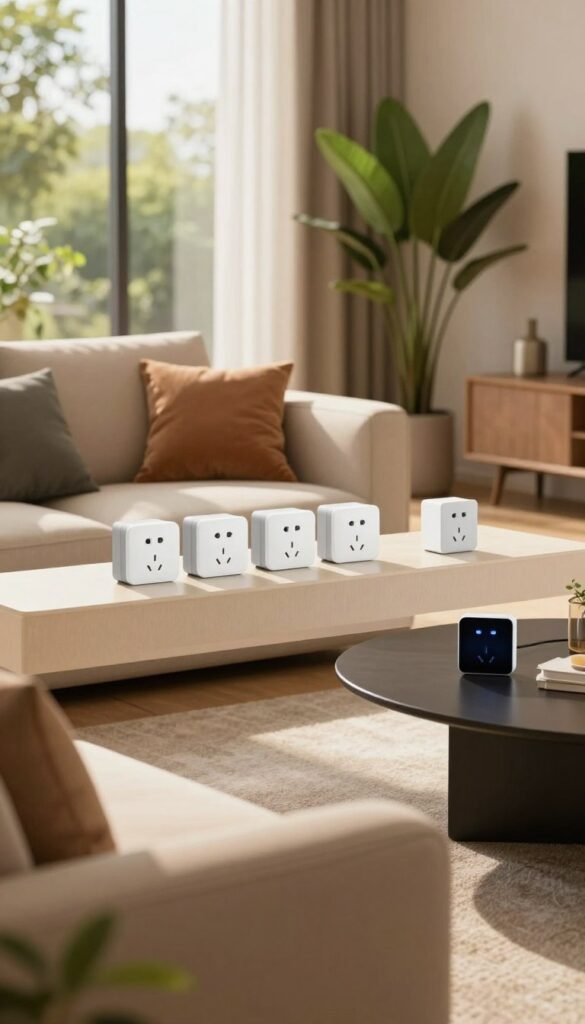 A modern living room featuring sleek "TechKiste" smart sockets integrated into an elegant design. In the foreground, a stylish sofa is adorned with cozy cushions, illuminated by warm natural light streaming through large windows. The middle layer showcases the smart sockets conveniently placed near a smart coffee table, with smart devices subtly powered by them. In the background, lush indoor plants add a touch of greenery, harmonizing with the warm color palette of the room. The atmosphere is inviting and contemporary, evoking a sense of efficiency and comfort, showcasing how smart home technology seamlessly enhances everyday living. Capture this scene with a soft focus effect, emphasizing the cozy ambiance while maintaining clarity on the smart sockets.