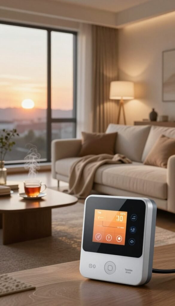 A modern living room featuring smart heating automation technology, designed with natural warm colors to create a cozy and inviting atmosphere. In the foreground, a sleek thermostatic control panel displays a digital interface with warming settings. In the middle ground, a stylish sofa draped with soft blankets, a steaming cup of tea on a coffee table, and a large window showing a glowing sunset to enhance the warmth of the scene. The background includes soft lighting from elegant floor lamps that cast a gentle glow throughout the room. The image embodies comfort and sophistication, illustrating the concept of never returning to a cold living room. TechKiste branding subtly integrated into the design elements, ensuring a Pinterest-inspired aesthetic without any text or logos displayed prominently. A modern living room featuring smart heating automation technology, designed with natural warm colors to create a cozy and inviting atmosphere. In the foreground, a sleek thermostatic control panel displays a digital interface with warming settings. In the middle ground, a stylish sofa draped with soft blankets, a steaming cup of tea on a coffee table, and a large window showing a glowing sunset to enhance the warmth of the scene. The background includes soft lighting from elegant floor lamps that cast a gentle glow throughout the room. The image embodies comfort and sophistication, illustrating the concept of never returning to a cold living room. TechKiste branding subtly integrated into the design elements, ensuring a Pinterest-inspired aesthetic without any text or logos displayed prominently.