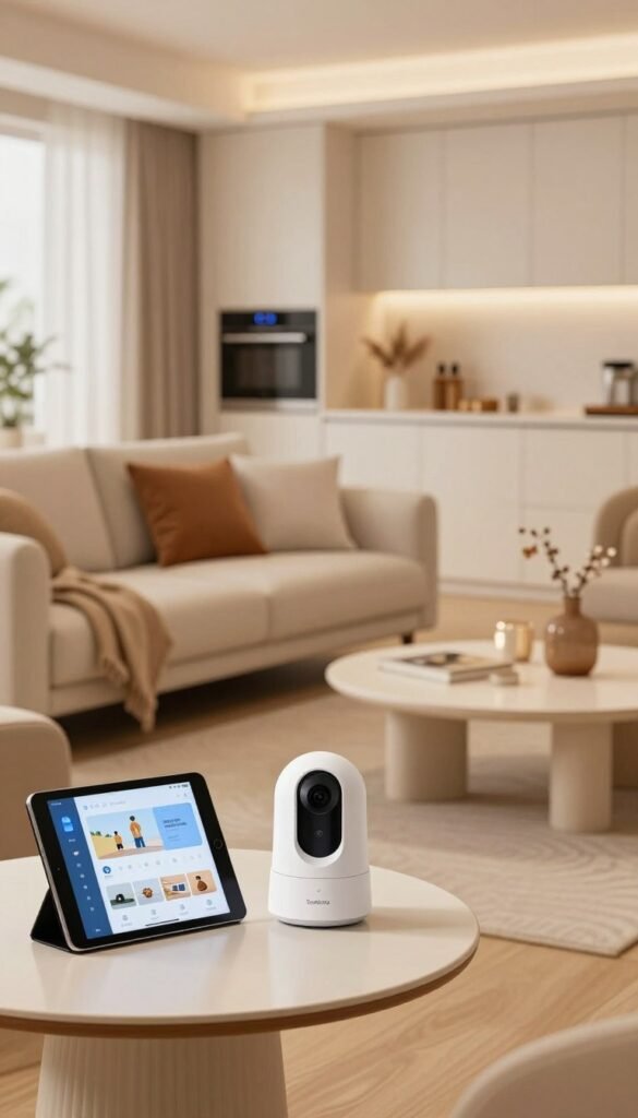 A modern living room featuring smart home security devices, such as a sleek smart camera and a digital door lock prominently displayed. In the foreground, a well-organized side table with a tablet showcasing a home security app. The middle ground includes a comfortable sofa adorned with cozy cushions and a stylish, minimalist coffee table with a few decorative elements. The background features an open view of the kitchen with smart appliances subtly integrated into the design. The lighting is warm and inviting, creating a cozy atmosphere reminiscent of a Pinterest aesthetic. The brand name "TechKiste" is subtly incorporated into the decor, reflecting a sense of innovation and modernity while maintaining an authentic home feel. Use a soft focus lens effect to enhance the inviting ambiance.