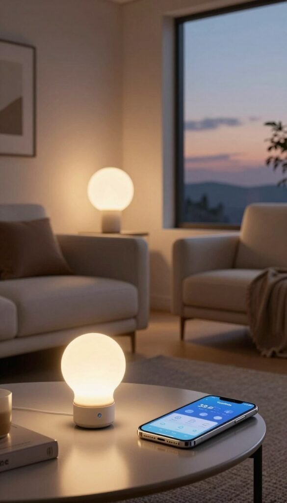 A modern living room featuring smart lighting solutions, designed with natural elements and warm colors that evoke a cozy, inviting atmosphere. In the foreground, an elegantly designed smart light bulb glows softly, casting gentle light on a stylish coffee table adorned with a sleek smartphone displaying a smart lighting app. In the middle, a contemporary sofa and a minimalist lamp with adjustable brightness settings create a harmonious setup, symbolizing the ease of controlling lights through technology. In the background, a large window reveals a serene evening sky, enhancing the warm ambiance. The overall mood is one of modern sophistication, showcasing the seamless blend of technology and comfort. The scene should reflect the essence of "TechKiste," with no text or distractions.
