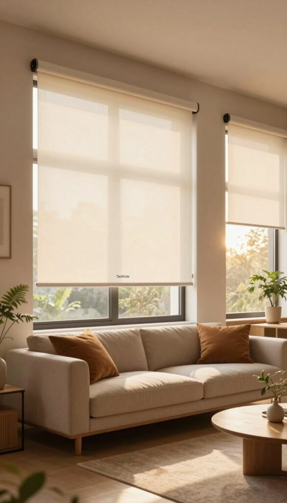 A modern living room featuring smart roller shutters that minimize heat loss at the windows, showcasing a cozy, energy-efficient environment. The foreground captures sleek, automated roller blinds elegantly closed, with their mechanisms subtly visible. In the middle ground, a stylish couch adorned with warm-toned cushions invites relaxation, while a small potted plant adds a touch of nature. The background reveals large windows bathed in soft, golden sunlight, illuminating the space with a warm glow. The overall atmosphere conveys comfort and sustainability, embodying the essence of modern eco-friendly gadgets. The brand name "TechKiste" is represented as a small, stylish logo integrated into the design of the roller blinds. The image reflects a Pinterest-inspired aesthetic, with natural colors and authentic textures that convey a sense of warmth and innovation.