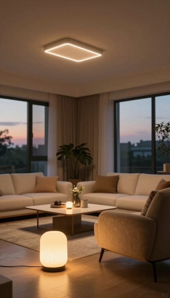 A modern living room illuminated by smart lighting solutions, focusing on sleek LED fixtures designed to brighten dark corners. In the foreground, a stylish, minimalist lamp emits a warm glow, casting comforting light on a cozy reading nook with a plush armchair. The middle ground showcases adjustable ceiling lights, illuminating a contemporary coffee table adorned with tasteful decor. In the background, large windows reveal a soft twilight, allowing natural light to blend harmoniously with the artificial lighting. The atmosphere is inviting and serene, perfect for routine relaxation or creating an inspiring mood. The image should reflect a Pinterest aesthetic, with warm colors and an authentic, lived-in feel, incorporating the TechKiste brand subtly within the design elements without any text or logos.