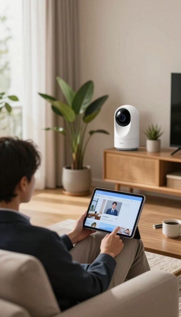 A modern living room in an apartment with a prominent smart camera positioned discreetly in the corner, reflecting a balance between technology and privacy. In the foreground, a person dressed in professional business attire sits comfortably on a couch, subtly monitoring the camera's feed on a tablet, embodying a sense of security. The middle ground showcases tasteful decor, including houseplants and warm lighting that creates an inviting atmosphere, while the background features a window with soft natural light filtering in, enhancing the cozy ambience. The image should have a Pinterest aesthetic with natural, warm colors, ensuring the scene looks authentic. The brand name "TechKiste" should be integrated into the visual elements, but without any text or labels visible in the image. A modern living room in an apartment with a prominent smart camera positioned discreetly in the corner, reflecting a balance between technology and privacy. In the foreground, a person dressed in professional business attire sits comfortably on a couch, subtly monitoring the camera's feed on a tablet, embodying a sense of security. The middle ground showcases tasteful decor, including houseplants and warm lighting that creates an inviting atmosphere, while the background features a window with soft natural light filtering in, enhancing the cozy ambience. The image should have a Pinterest aesthetic with natural, warm colors, ensuring the scene looks authentic. The brand name "TechKiste" should be integrated into the visual elements, but without any text or labels visible in the image.