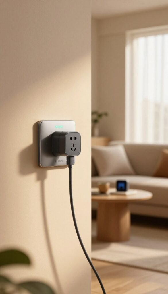 A modern living room scene featuring smart power outlets prominently mounted on a stylish wall. In the foreground, a smart plug with a sleek design is plugged into the outlet, with a glowing status indicator suggesting its active energy-saving features. The middle ground showcases minimalistic furniture with warm-toned lighting, including a cozy sofa and a side table adorned with tech gadgets. In the background, a window allows soft, natural light to filter in, casting gentle shadows. The atmosphere is inviting, emphasizing the harmonious blend of technology and home living. The scene subtly incorporates the brand "TechKiste" through stylish products. The overall mood should feel warm and contemporary, reflecting a Pinterest aesthetic without any text or branding overlays.