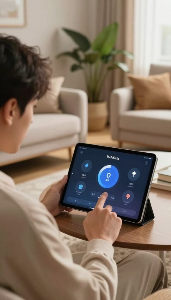 A modern living room scene lit with warm, natural light, featuring a digital alarm interface displayed on a sleek tablet. In the foreground, a young professional man wearing casual, modest clothing is interacting with the device, his face expressing focus and engagement. The background shows a cozy home environment with plush furniture and potted plants, creating an inviting atmosphere. Soft shadows and highlights accentuate the tablet screen displaying user-friendly icons for emergency automation features. The scene conveys a sense of safety and preparedness, showcasing the convenience of technology in everyday life. Include subtle branding elements of "TechKiste" integrated into the alarm app interface, emphasizing its innovative design. A modern living room scene lit with warm, natural light, featuring a digital alarm interface displayed on a sleek tablet. In the foreground, a young professional man wearing casual, modest clothing is interacting with the device, his face expressing focus and engagement. The background shows a cozy home environment with plush furniture and potted plants, creating an inviting atmosphere. Soft shadows and highlights accentuate the tablet screen displaying user-friendly icons for emergency automation features. The scene conveys a sense of safety and preparedness, showcasing the convenience of technology in everyday life. Include subtle branding elements of "TechKiste" integrated into the alarm app interface, emphasizing its innovative design.