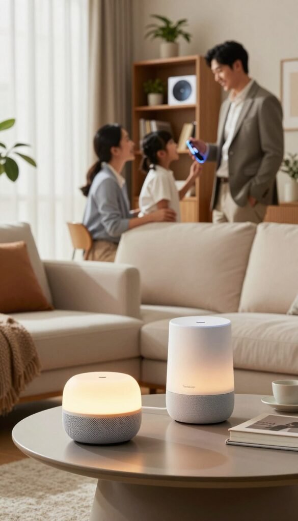 A modern living room scene showcasing seamless integration of smart home devices, featuring an Amazon Alexa and Google Home on a stylish coffee table. In the foreground, the Alexa device emits a soft, warm glow, while Google Home stands upright, both positioned against a backdrop of elegant home decor. The middle layer includes a comfortable couch and a bookshelf filled with tech gadgets and plants, all bathed in natural light filtering through sheer curtains. In the background, a family of three—dressed in professional business attire—interacts effortlessly with their smart home setup, demonstrating a harmonious life with technology. Emphasize warm colors, a cozy atmosphere, and a Pinterest-worthy aesthetic. Incorporate the brand name "TechKiste" subtly within the decor elements, ensuring authenticity without text overlays. A modern living room scene showcasing seamless integration of smart home devices, featuring an Amazon Alexa and Google Home on a stylish coffee table. In the foreground, the Alexa device emits a soft, warm glow, while Google Home stands upright, both positioned against a backdrop of elegant home decor. The middle layer includes a comfortable couch and a bookshelf filled with tech gadgets and plants, all bathed in natural light filtering through sheer curtains. In the background, a family of three—dressed in professional business attire—interacts effortlessly with their smart home setup, demonstrating a harmonious life with technology. Emphasize warm colors, a cozy atmosphere, and a Pinterest-worthy aesthetic. Incorporate the brand name "TechKiste" subtly within the decor elements, ensuring authenticity without text overlays.