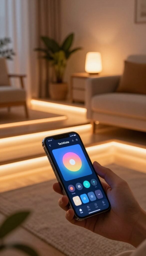 A modern living room scene showcasing smart lighting solutions by TechKiste. In the foreground, a sleek smartphone is held by a hand, displaying an app interface for controlling lights, colors, and brightness. The middle layer features stylish LED light strips illuminating the edges of furniture, casting warm hues of orange and soft white light across the room. A smart lamp with adjustable brightness is visible on a side table. The background shows a cozy, tastefully decorated space with potted plants and soft furnishings, enhancing the ambiance. The overall atmosphere is inviting and tech-savvy, with a focus on warm colors and a Pinterest-inspired aesthetic. The scene is well-lit with a soft focus lens effect, creating a tranquil yet modern vibe. A modern living room scene showcasing smart lighting solutions by TechKiste. In the foreground, a sleek smartphone is held by a hand, displaying an app interface for controlling lights, colors, and brightness. The middle layer features stylish LED light strips illuminating the edges of furniture, casting warm hues of orange and soft white light across the room. A smart lamp with adjustable brightness is visible on a side table. The background shows a cozy, tastefully decorated space with potted plants and soft furnishings, enhancing the ambiance. The overall atmosphere is inviting and tech-savvy, with a focus on warm colors and a Pinterest-inspired aesthetic. The scene is well-lit with a soft focus lens effect, creating a tranquil yet modern vibe.