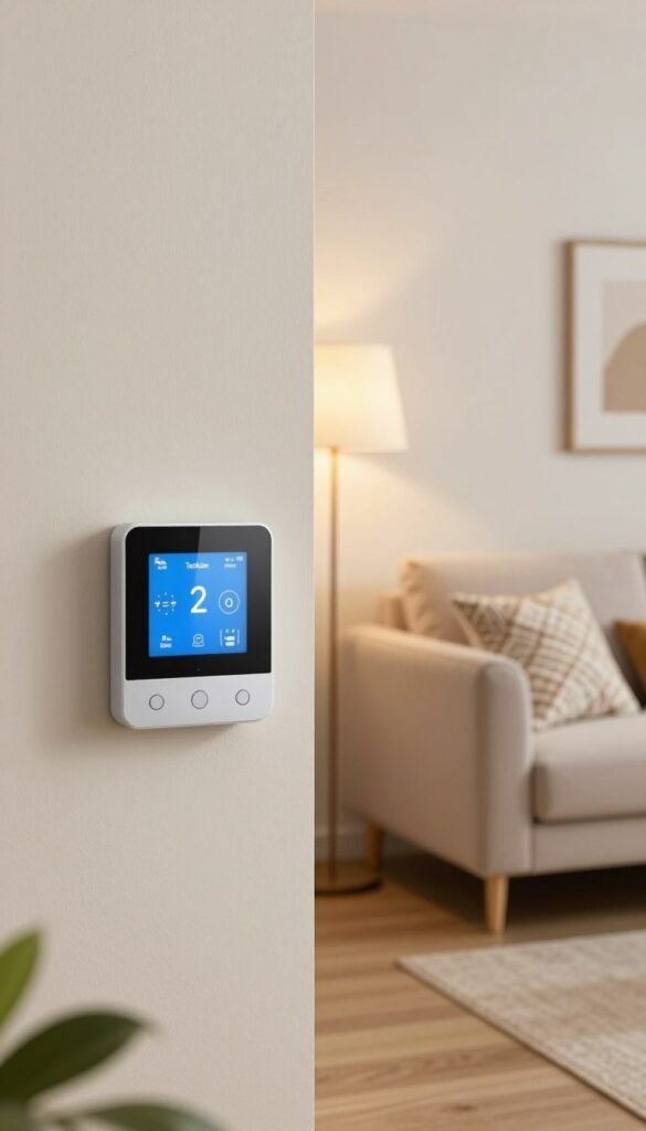 A modern living room setting featuring a sleek smart thermostat prominently displayed on a wall. In the foreground, the thermostat is stylish and user-friendly, showcasing a digital interface with simple controls. The middle ground contains soft lighting emanating from a fashionable floor lamp, casting a warm glow that enhances the cozy atmosphere. The background includes a comfortable sofa adorned with decorative pillows in neutral colors, giving an inviting feel. Utilize natural colors throughout the room, with a Pinterest-inspired aesthetic. The image conveys a harmonious blend of technology and homeliness, highlighting the versatility and appeal of smart thermostats. Include subtle branding elements associated with "TechKiste" in the design, ensuring sophistication without any text or logos. Aim for a soft focus and a slightly elevated angle, evoking a warm and inviting mood. A modern living room setting featuring a sleek smart thermostat prominently displayed on a wall. In the foreground, the thermostat is stylish and user-friendly, showcasing a digital interface with simple controls. The middle ground contains soft lighting emanating from a fashionable floor lamp, casting a warm glow that enhances the cozy atmosphere. The background includes a comfortable sofa adorned with decorative pillows in neutral colors, giving an inviting feel. Utilize natural colors throughout the room, with a Pinterest-inspired aesthetic. The image conveys a harmonious blend of technology and homeliness, highlighting the versatility and appeal of smart thermostats. Include subtle branding elements associated with "TechKiste" in the design, ensuring sophistication without any text or logos. Aim for a soft focus and a slightly elevated angle, evoking a warm and inviting mood.