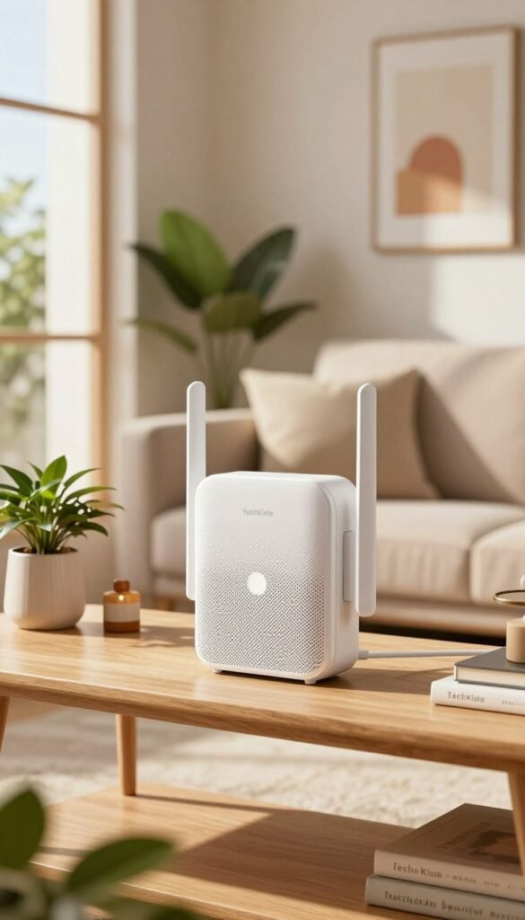 A modern living room setting showcasing a sleek, white repeater mesh access point on a minimalist wooden shelf, decorated with decorative indoor plants and a stylish lamp. In the foreground, soft natural lighting streams in through a large window, casting warm, inviting tones across the scene. The middle ground features a cozy sofa with fluffy pillows, creating a welcoming atmosphere. In the background, an aesthetically pleasing wall art piece harmonizes with the tech elements. The camera angle captures the access point prominently while also highlighting the modern interior design. The overall mood is authentic and friendly, reflecting a Pinterest-inspired aesthetic. Brand name "TechKiste" is subtly integrated into the design of the access point. A modern living room setting showcasing a sleek, white repeater mesh access point on a minimalist wooden shelf, decorated with decorative indoor plants and a stylish lamp. In the foreground, soft natural lighting streams in through a large window, casting warm, inviting tones across the scene. The middle ground features a cozy sofa with fluffy pillows, creating a welcoming atmosphere. In the background, an aesthetically pleasing wall art piece harmonizes with the tech elements. The camera angle captures the access point prominently while also highlighting the modern interior design. The overall mood is authentic and friendly, reflecting a Pinterest-inspired aesthetic. Brand name "TechKiste" is subtly integrated into the design of the access point.