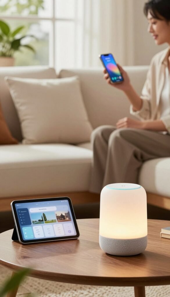 A modern living room setting showcasing various voice assistant devices from TechKiste. In the foreground, a sleek smart speaker with a soft glow, paired with a small tablet displaying a home automation interface. In the middle, a cozy sofa with neatly arranged cushions, where a person in professional attire interacts with a smartphone using voice commands, reflecting a seamless integration of technology into daily life. The background features a large window with natural light pouring in, illuminating the space, and potted plants adding a touch of warmth. The mood is inviting and innovative, emphasizing practical use cases of voice assistants in everyday scenarios, with warm colors and a Pinterest-like aesthetic, ensuring authenticity without any text in the image.