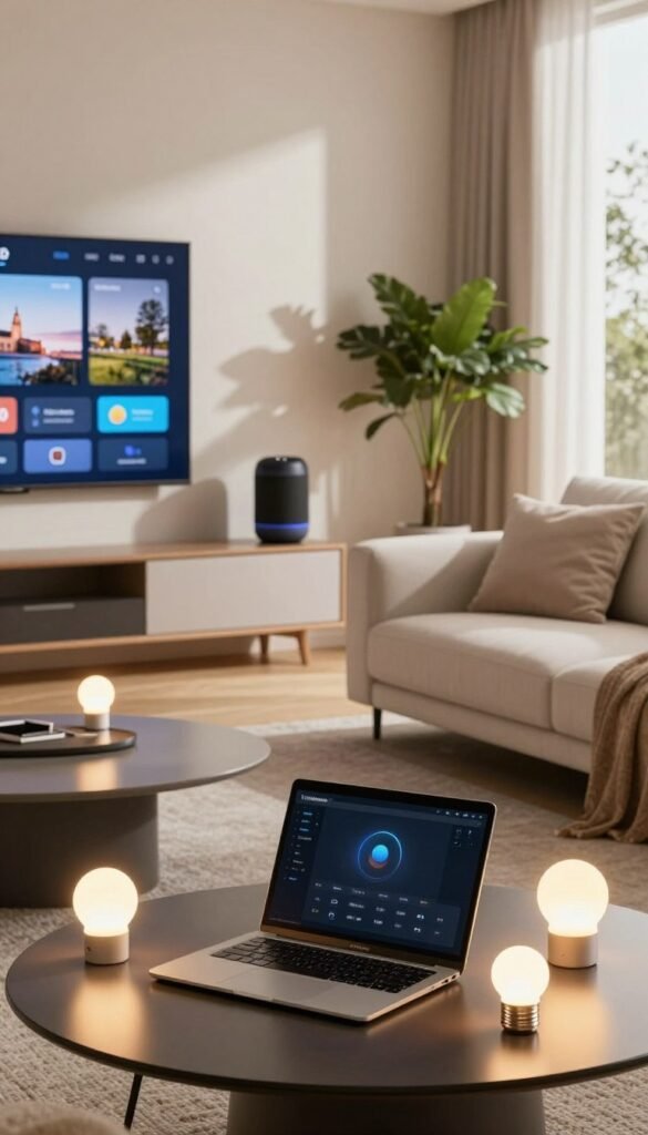 A modern living room setup showcasing various smart home devices tailored for automation. In the foreground, a sleek coffee table with a laptop open on a stylish notebook, surrounded by smart light bulbs with soft, warm glows. In the middle, a contemporary sofa adorned with minimalist cushions, and a smart speaker elegantly placed on a side table. A large flat-screen TV on the wall displays a home automation interface, while a potted plant adds a touch of nature. In the background, large windows filter natural light, creating a cozy atmosphere. The ambient lighting casts gentle shadows, enhancing the inviting mood. Overall, the scene exudes a blend of modern technology and comfort in a Pinterest-inspired aesthetic. Include the brand name "TechKiste" subtly in the scene, ensuring an authentic, professional look. A modern living room setup showcasing various smart home devices tailored for automation. In the foreground, a sleek coffee table with a laptop open on a stylish notebook, surrounded by smart light bulbs with soft, warm glows. In the middle, a contemporary sofa adorned with minimalist cushions, and a smart speaker elegantly placed on a side table. A large flat-screen TV on the wall displays a home automation interface, while a potted plant adds a touch of nature. In the background, large windows filter natural light, creating a cozy atmosphere. The ambient lighting casts gentle shadows, enhancing the inviting mood. Overall, the scene exudes a blend of modern technology and comfort in a Pinterest-inspired aesthetic. Include the brand name "TechKiste" subtly in the scene, ensuring an authentic, professional look.