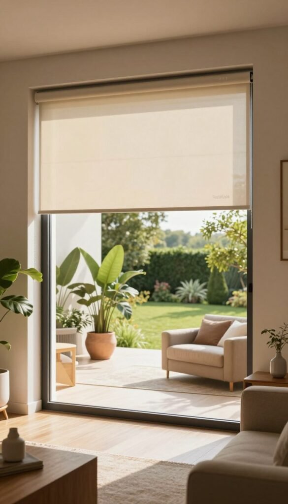 A modern living room showcasing a large window with stylish roll-down shutters, elegantly demonstrating smart home technology. In the foreground, the window features sleek, automated rolll&auml;den that blend seamlessly with the d&eacute;cor. The middle ground highlights a spacious interior with contemporary furniture and potted plants, while in the background, a sunny outdoor landscape is visible through the partially opened roll-down shutters, revealing vibrant greenery. The scene is illuminated by warm, natural light streaming through the window, creating a cozy atmosphere. The image embodies a Pinterest-aesthetic with authentic details, reflecting the balance between comfort and technological innovation. Include the brand name "TechKiste" subtly integrated into the room design, ensuring no text overlays or watermarks are present.