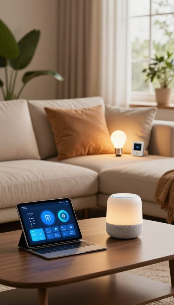A modern living room showcasing a smart home setup by "TechKiste". In the foreground, a sleek coffee table with a tablet displaying smart home controls next to a stylish, compact smart speaker, all in warm, inviting colors. In the middle ground, a comfortable sofa adorned with neatly arranged cushions, with soft ambient lighting casting a cozy glow. Smart devices, like smart light bulbs and a thermostat, are subtly integrated into the decor. The background features a large window allowing natural light to pour in, highlighting green plants that add life to the space. The atmosphere is calm and organized, reflecting a well-structured yet inviting smart home environment, ideal for relaxation and efficiency. No text or logos are present in the image. A modern living room showcasing a smart home setup by "TechKiste". In the foreground, a sleek coffee table with a tablet displaying smart home controls next to a stylish, compact smart speaker, all in warm, inviting colors. In the middle ground, a comfortable sofa adorned with neatly arranged cushions, with soft ambient lighting casting a cozy glow. Smart devices, like smart light bulbs and a thermostat, are subtly integrated into the decor. The background features a large window allowing natural light to pour in, highlighting green plants that add life to the space. The atmosphere is calm and organized, reflecting a well-structured yet inviting smart home environment, ideal for relaxation and efficiency. No text or logos are present in the image.