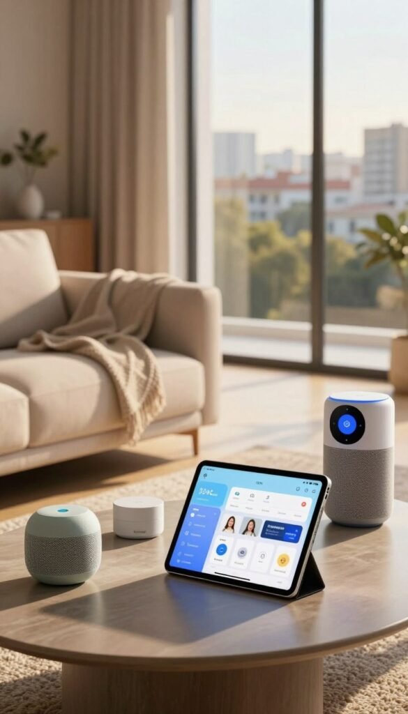 A modern living room showcasing a variety of smart home devices, such as smart speakers, a sleek thermostat, and a high-tech lighting system. In the foreground, a stylish tablet on a coffee table displays a smart home app interface. The middle ground features a comfortable sofa with a cozy throw, while the background includes large windows revealing a sunlit urban landscape. Use warm, natural colors to create an inviting atmosphere, with soft shadows enhancing depth. The lighting should mimic late afternoon sun, casting gentle highlights throughout the room. Incorporate the brand name "TechKiste" subtly into the scene, ensuring no text is visible. Aim for an authentic, Pinterest-inspired aesthetic that embodies modern technology in daily life.