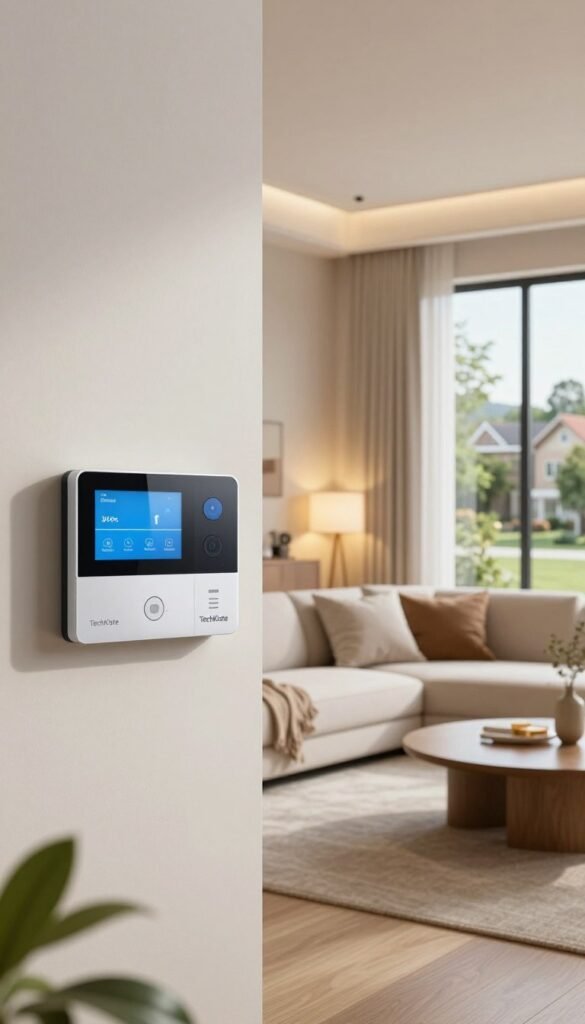 A modern living room showcasing advanced security features for home protection, designed by "TechKiste". In the foreground, a sleek smart alarm system and stylish sensors on the walls blend seamlessly with the decor. The middle ground features automated roller shutters and smart lighting, casting soft, warm hues that enhance the cozy atmosphere. In the background, a large window reveals a peaceful suburban setting, emphasizing safety. The scene is illuminated by natural daylight, creating a welcoming and secure ambiance. Capture this moment from a slightly angled perspective to highlight the interplay of technology and comfort, embodying a Pinterest-inspired aesthetic that feels both authentic and inviting, without any text or visual distractions.