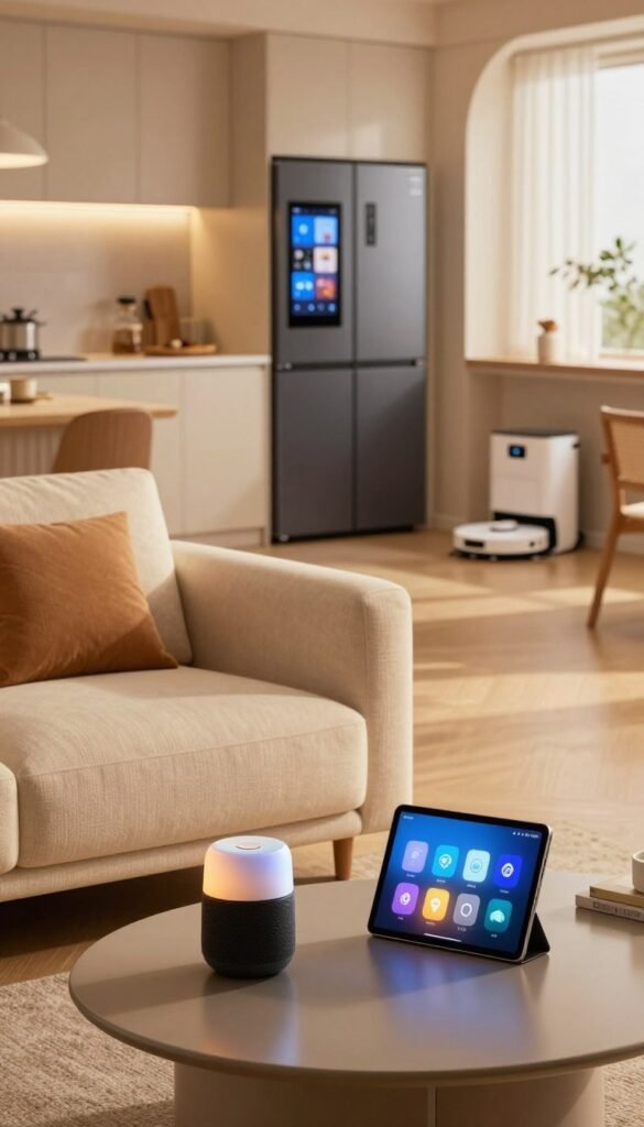 A modern living room showcasing smart home devices by TechKiste, seamlessly integrated into the decor. In the foreground, a sleek coffee table displays a smart speaker and a tablet controlling various appliances, with warm, inviting light illuminating the scene. The middle of the room features a comfortable sofa with smart lighting above, casting soft glows. In the background, a well-organized kitchen shows smart appliances, like a refrigerator with a touchscreen and a robotic vacuum cleaning the floor. This cozy atmosphere reflects safety, cleanliness, and comfort, emphasizing the ease of using technology. The overall mood is calm and sophisticated, enhanced by natural lighting that creates a Pinterest-inspired aesthetic, focusing on authenticity without any text or distractions. A modern living room showcasing smart home devices by TechKiste, seamlessly integrated into the decor. In the foreground, a sleek coffee table displays a smart speaker and a tablet controlling various appliances, with warm, inviting light illuminating the scene. The middle of the room features a comfortable sofa with smart lighting above, casting soft glows. In the background, a well-organized kitchen shows smart appliances, like a refrigerator with a touchscreen and a robotic vacuum cleaning the floor. This cozy atmosphere reflects safety, cleanliness, and comfort, emphasizing the ease of using technology. The overall mood is calm and sophisticated, enhanced by natural lighting that creates a Pinterest-inspired aesthetic, focusing on authenticity without any text or distractions.