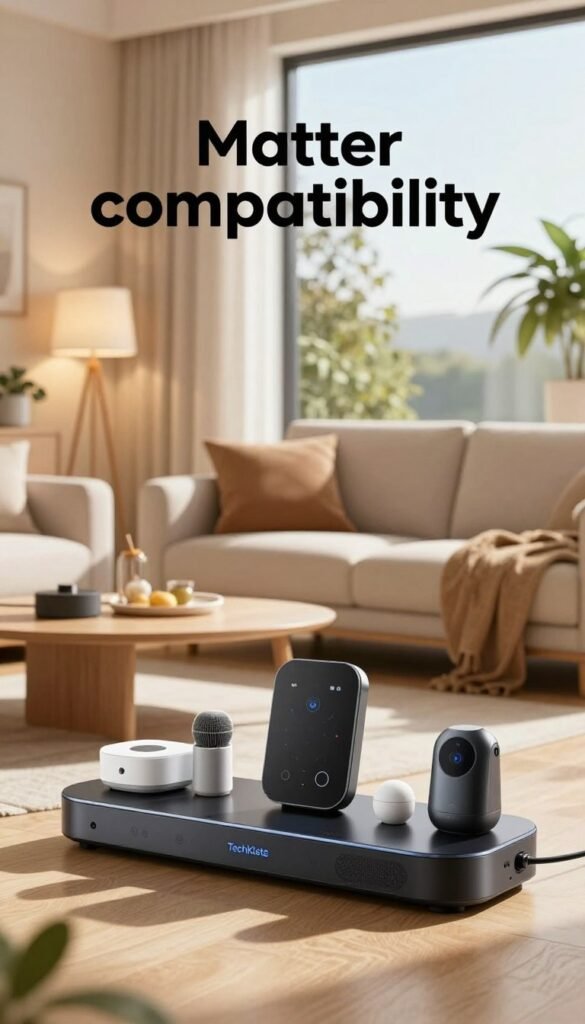 A modern living room showcasing the concept of "Matter compatibility" in a smart home environment. Foreground: a sleek, stylish smart device hub featuring various smart home gadgets, all seamlessly connected. Middle ground: a cozy sofa set adorned with softly lit lamps and decorative plants, creating an inviting atmosphere. Background: a large window revealing a view of a bright, sunny day outside, with light streaming in to enhance the warmth of the scene. The overall color palette consists of warm tones, promoting a sense of comfort and harmony. The composition should have a Pinterest-inspired aesthetic, conveying a modern yet authentic smart home experience. No text, signatures, or watermarks, just a clean professional look emphasizing technological integration. Incorporate the brand name "TechKiste" subtly within the design elements.