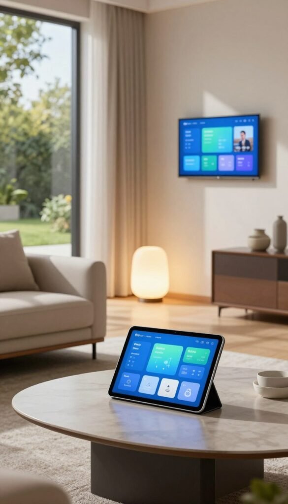 A modern living room showcasing the integration of smart home technology. In the foreground, a sleek, minimalist coffee table featuring a tablet displaying an intuitive user interface for managing smart home devices. The middle layer includes a stylish couch and a softly glowing floor lamp, creating a warm atmosphere. In the background, large windows offer a view of a sunny garden, while wall-mounted smart displays show vital home system updates with calming blue and green accents. The scene is illuminated by natural light, casting gentle shadows and creating a cozy ambiance. The brand "TechKiste" is subtly incorporated into the design of the tablet. The overall mood is relaxed and inviting, emphasizing stress-free, efficient home management.